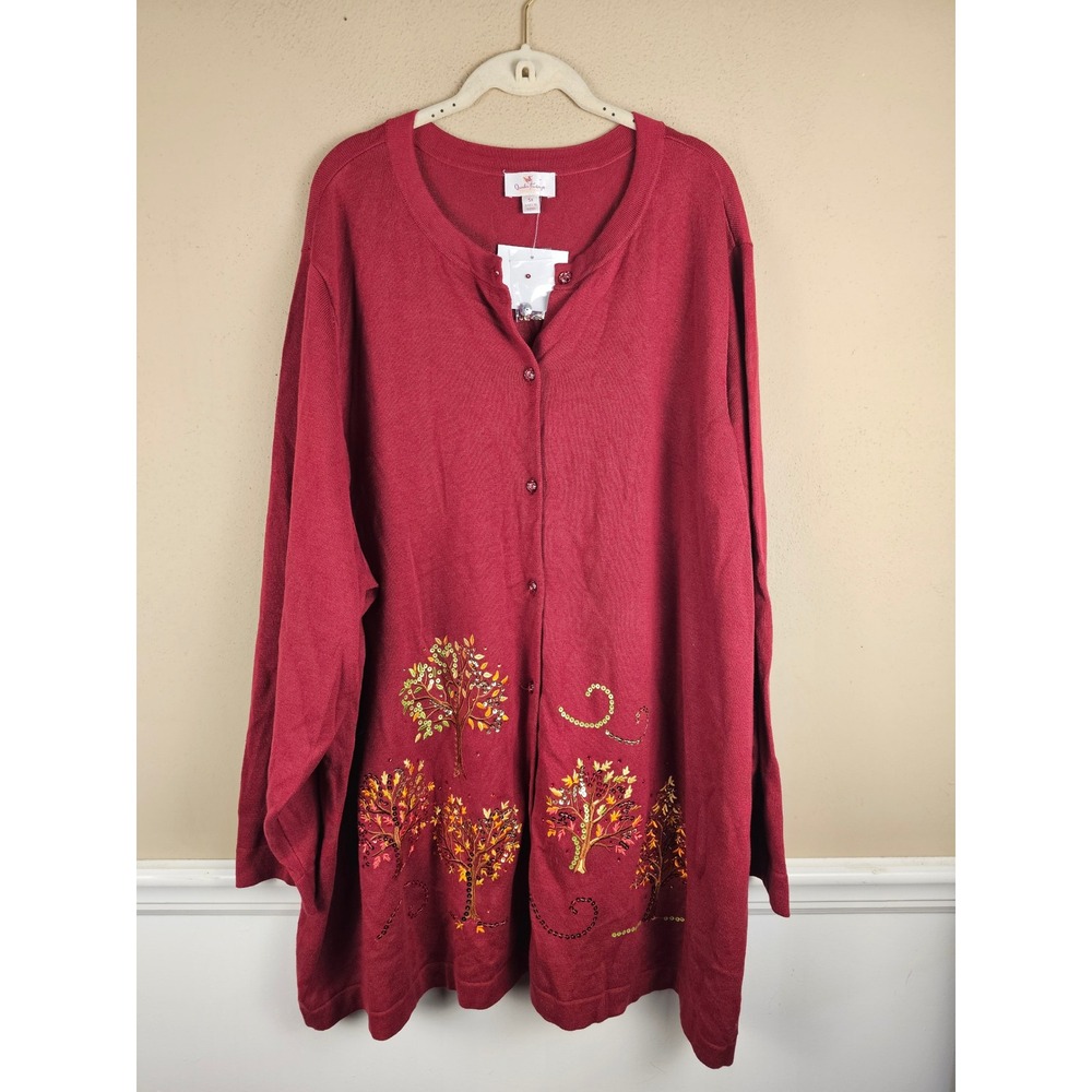 NWT Quacker Factory Womens Burgundy Embellished Fall Trees Cardigan Sweater 5X